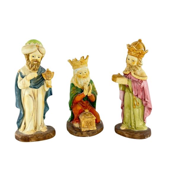 Vintage Creative Art Flowers Hand Painted Three Wise Men Nativity Figurines - Picture 10 of 16
